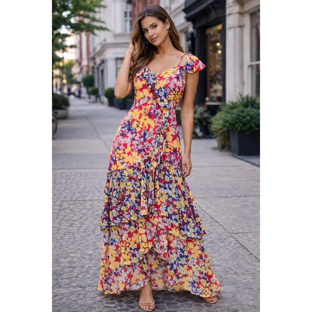 Lulus Maxi Dress Floral High-LowRuby Red Ruffle Cold Shoulder Medum - Picture 9 of 16